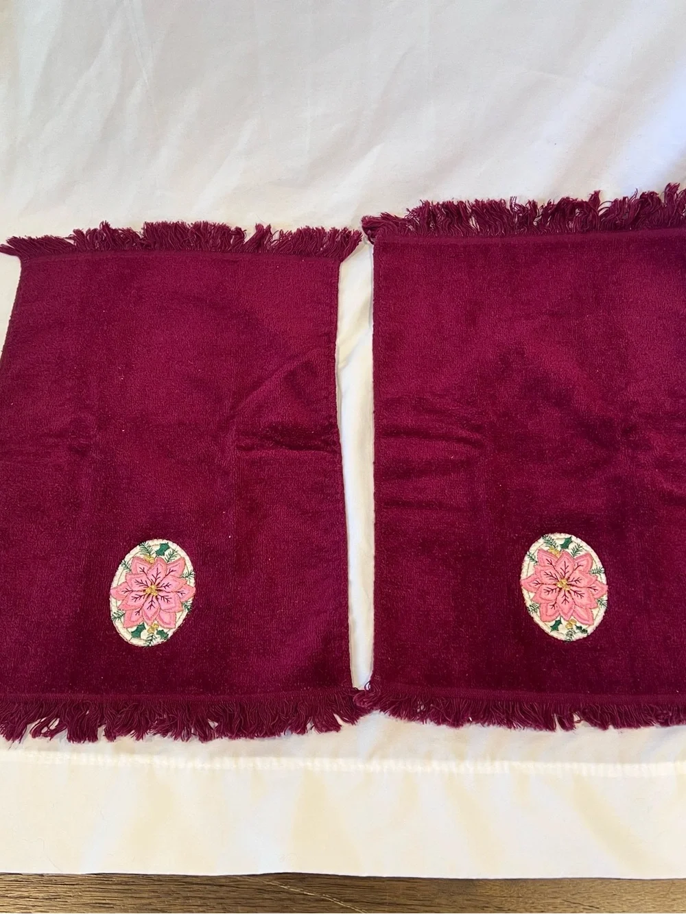 Vintage Burgundy Poinsettia Embroidered Hand Towels Set of 2 USA